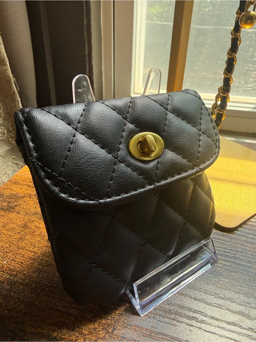 Quilted Black Crossbody Bag with Gold Turn-Lock - Picture 6 of 7